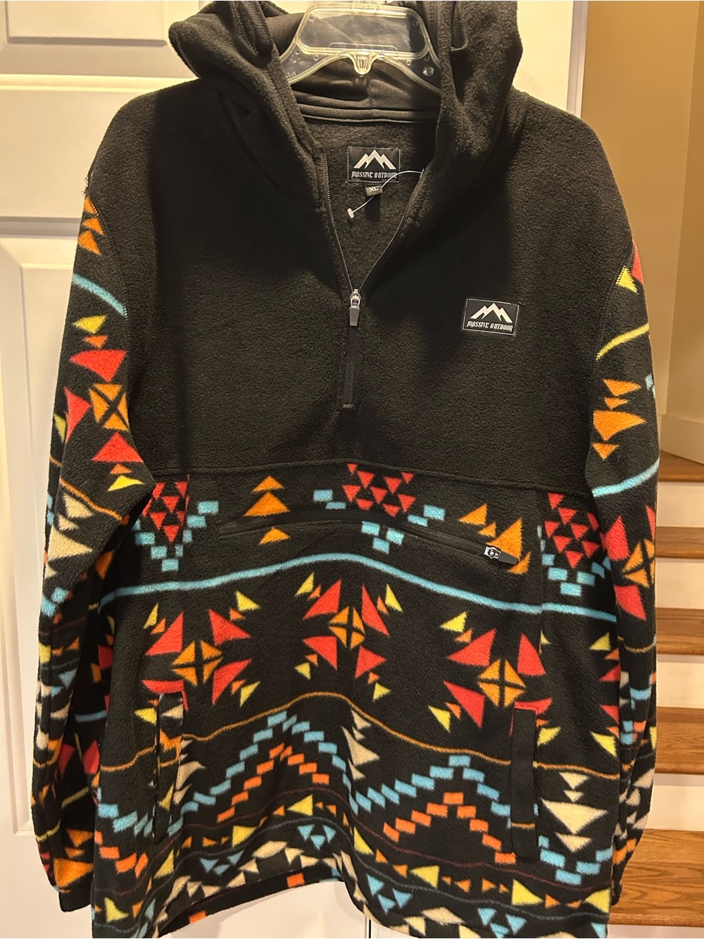 Pacific Legend Black Half-Zip Hooded Fleece with Geometric Print